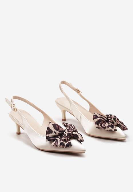 Beżowe Sandały Ozdobione Kokardką na Obcasie Kaczuszka Pazzana