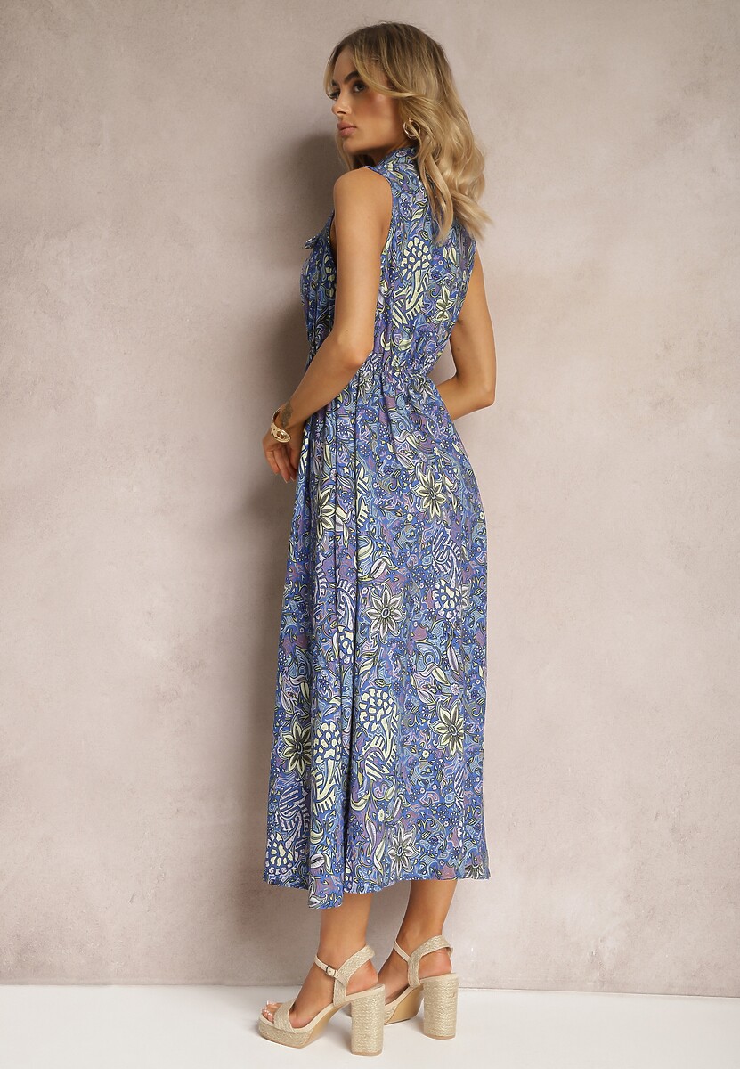 Niebieska Kwiecista Sukienka o Rozkloszowanym Kroju Tirana