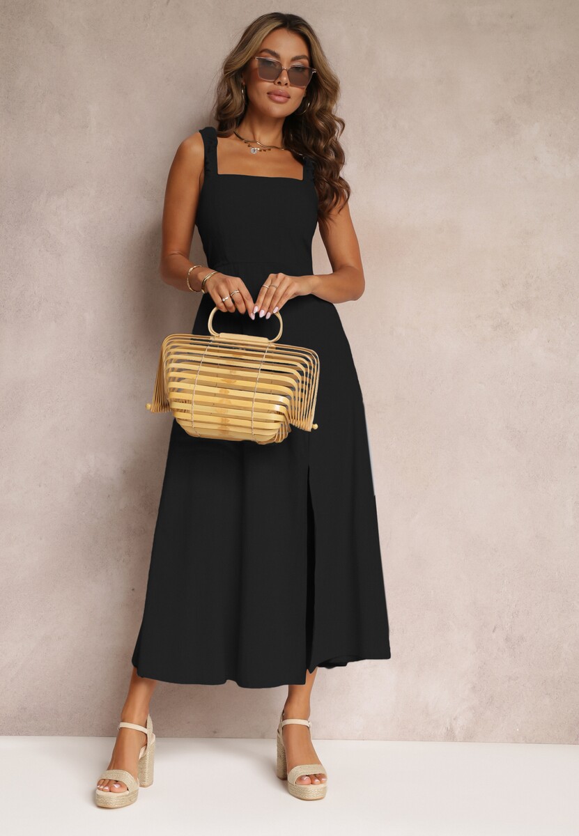 Czarna Rozkloszowana Sukienka Bawełniana z Kwadratowym Dekoltem Trenna