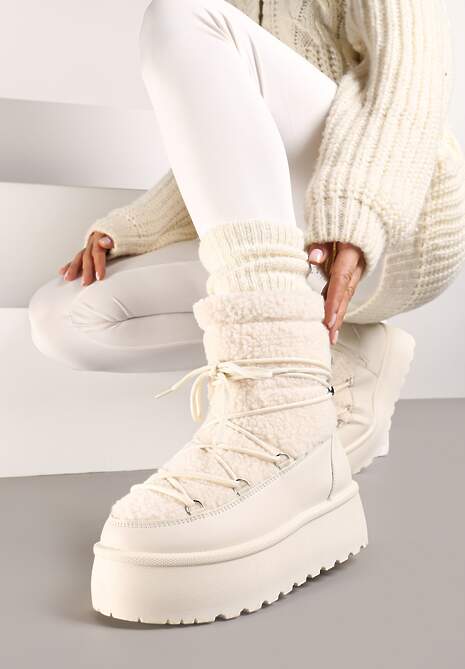 Beżowe Sznurowane Śniegowce Vices na Platformie z Futerkiem Ravorelle