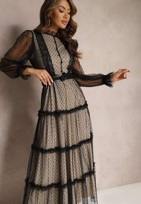 Beżowo-Czarna Tiulowa Sukienka Maxi ze Wstawkami z Koronki i Ozdobnymi Guzikami Aovena