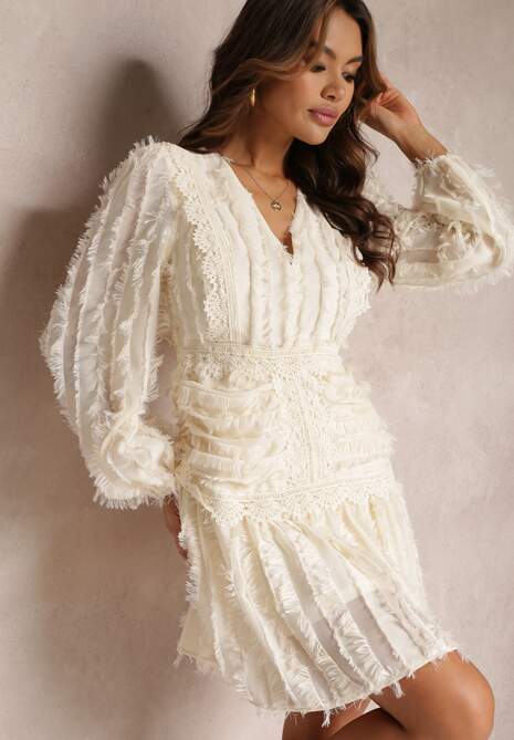 Beżowa Sukienka Rozkloszowana z Wystrzępieniem i Koronką Avela