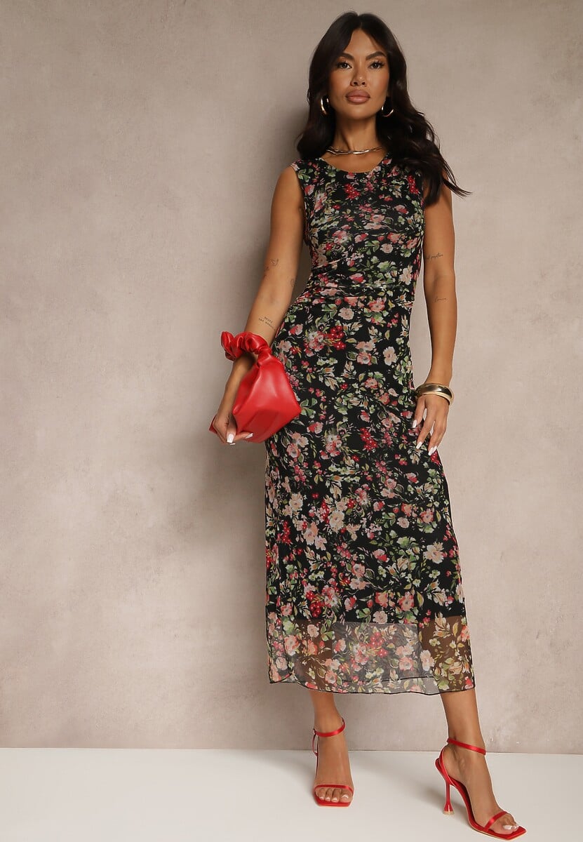 Czarna Sukienka Typu Bodycon w Kwiatowy Wzór Melavela