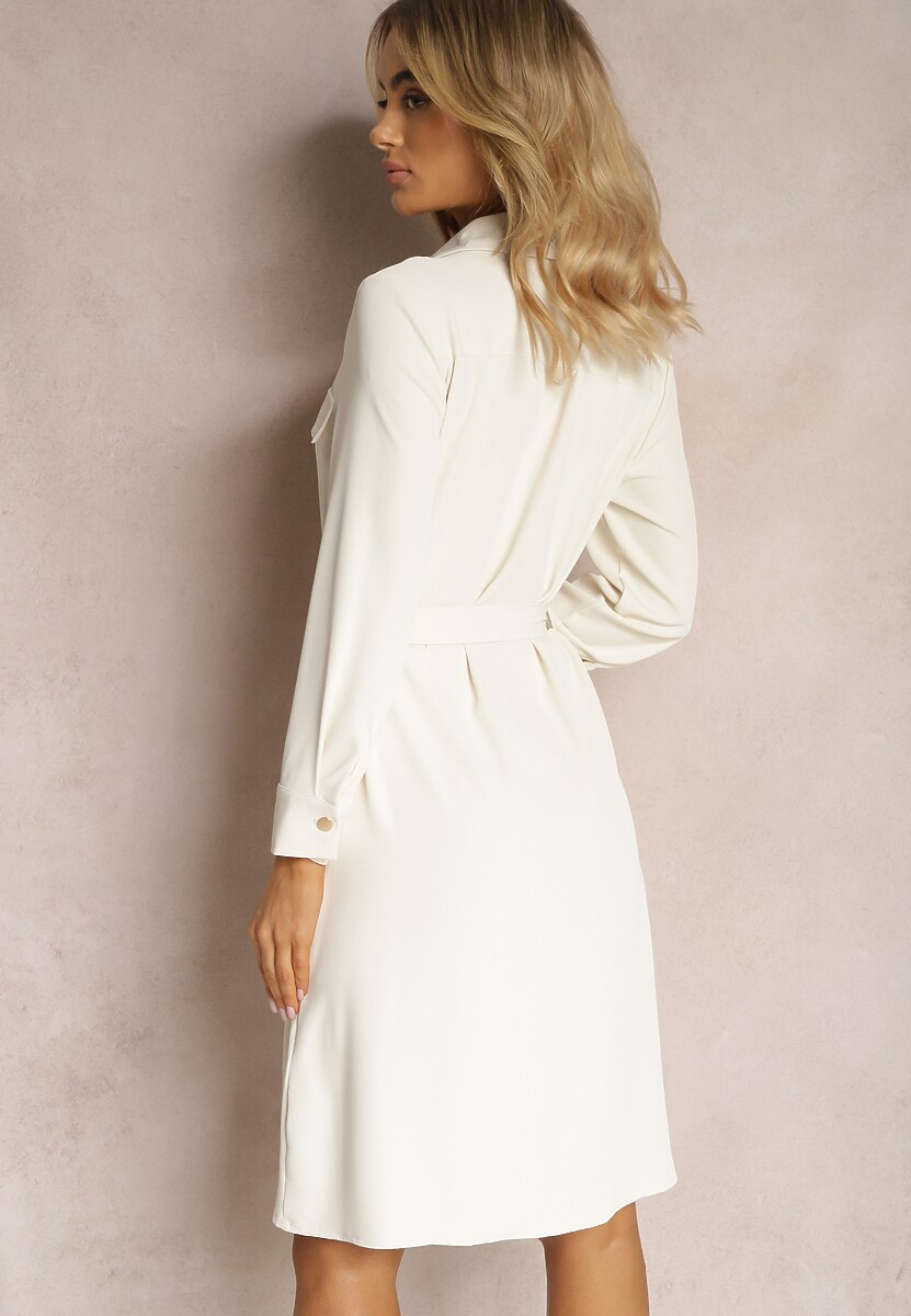 Jasnobeżowa Sukienka Utility o Koszulowym Kroju z Kieszonkami i Paskiem Materiałowym Niobella