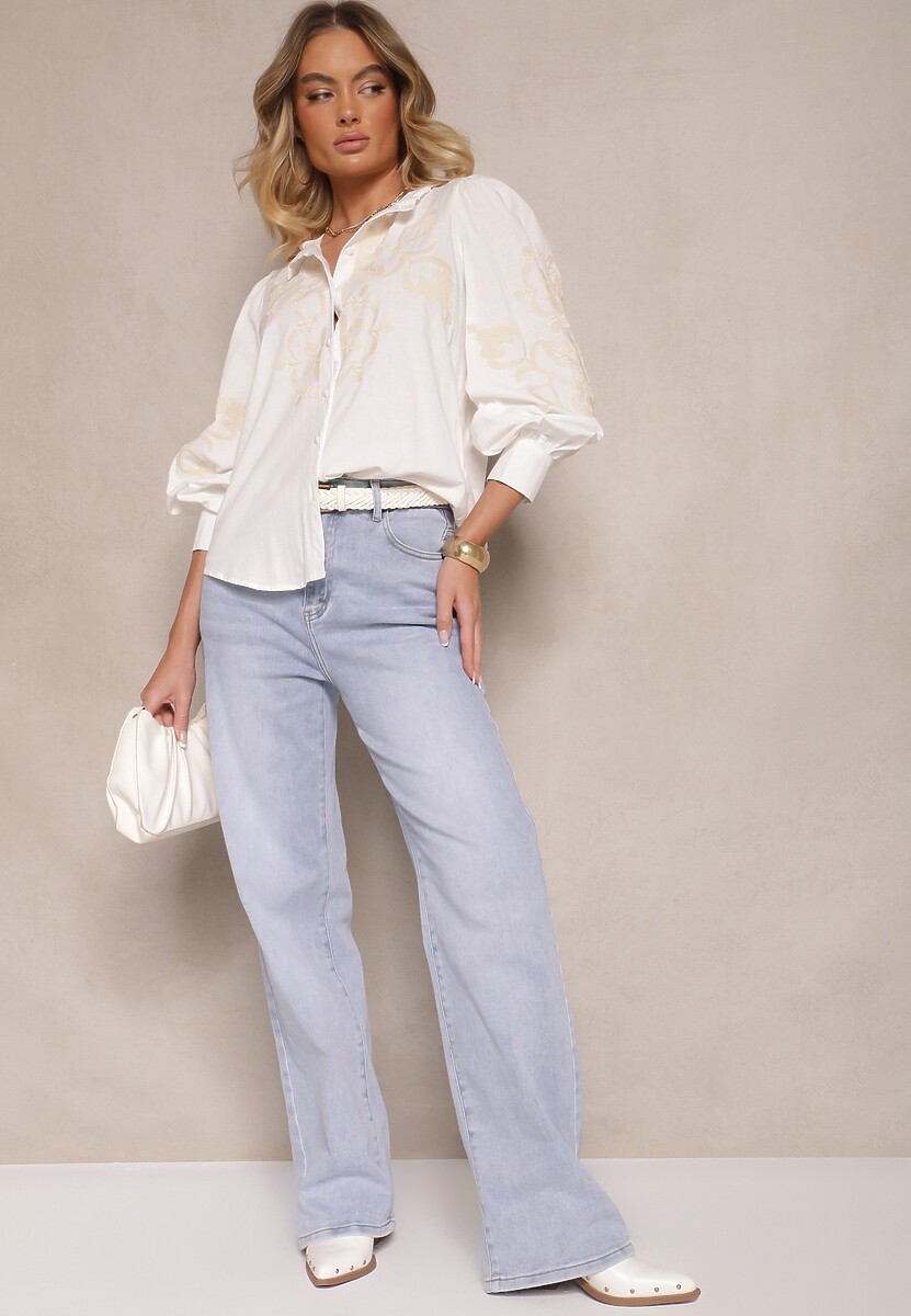 Biała Koszula z Bawełną Wiskozą i Lnem Ozdobione Haftem Zenvesin