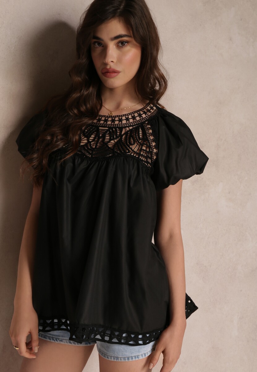 Czarna Koronkowa Bluzka z Bufiastym Rękawem i Rozkloszowanym Dołem Mariete