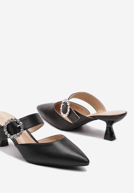 Czarne Klapki na Niskim Obcasie w Stylu Kaczuszki z Klamrą z Cyrkoniami Yukilla