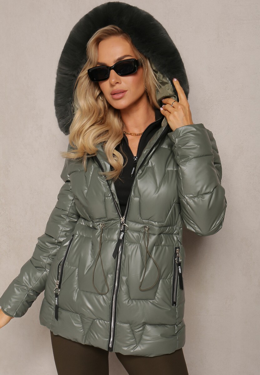 Ciemnozielona Pikowana Kurtka z Futerkiem Przy Kapturze Paelina