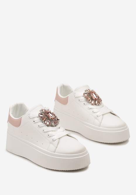 Biało-Różowe Sneakersy na Grubej Podeszwie z Ozdobną Aplikacją Kamienia  Danthia