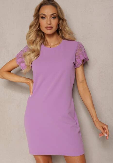 Fioletowa Casualowa Sukienka Ozdobiona Koronką na Rękawku Haaklanda