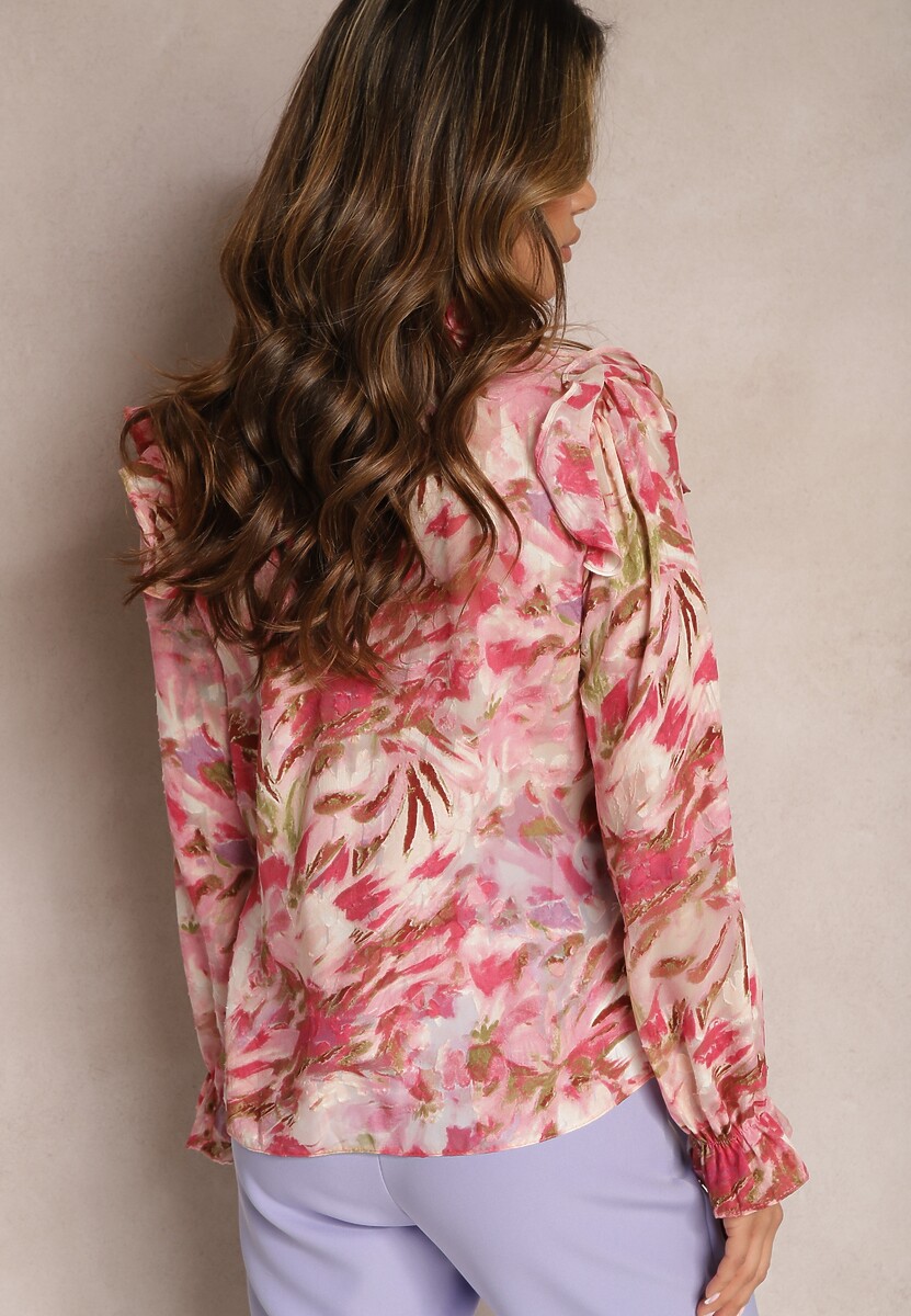 Czerwono-Różowa Koszula Ozdobiona Kwiatowym Wzorem z Falbanką i Guzikami Maeventa