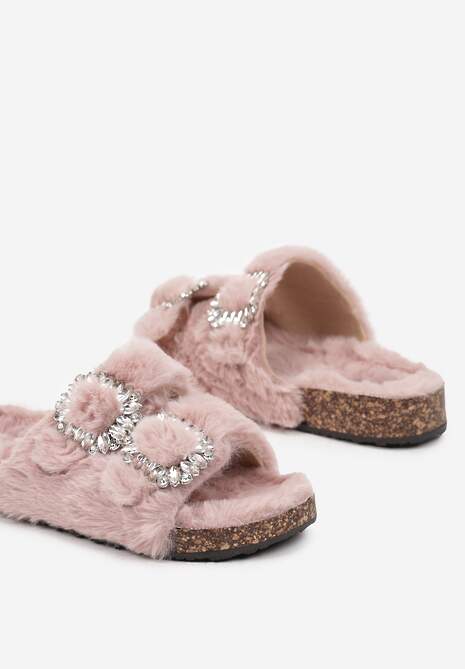Różowe Kapcie na Płaskiej Podeszwie z Futerkiem Cyrkoniami i Klamrami z Regulacją Arvela
