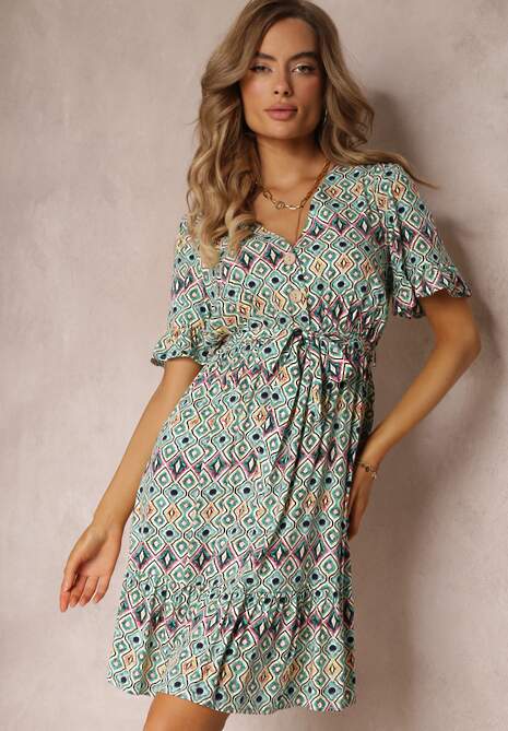 Zielona Sukienka Mini z Gumką w Pasie i Falbanką z Wiskozy Ellison