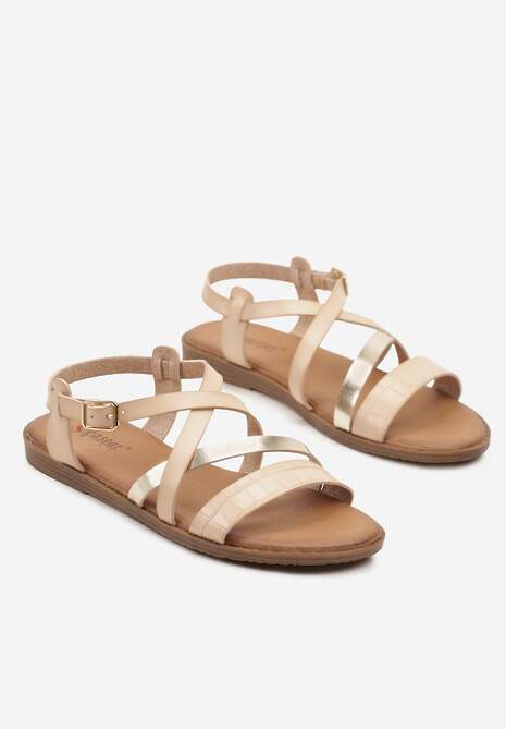 Beżowe Sandały z Ozdobnymi Paskami z Zapięciem na Klamerkę Wiella