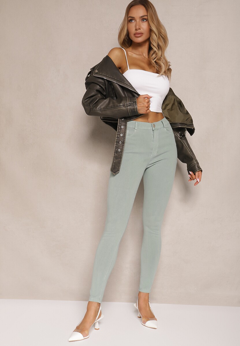Zielone Skinny Jeansy z Bawełną High Waist Lorie