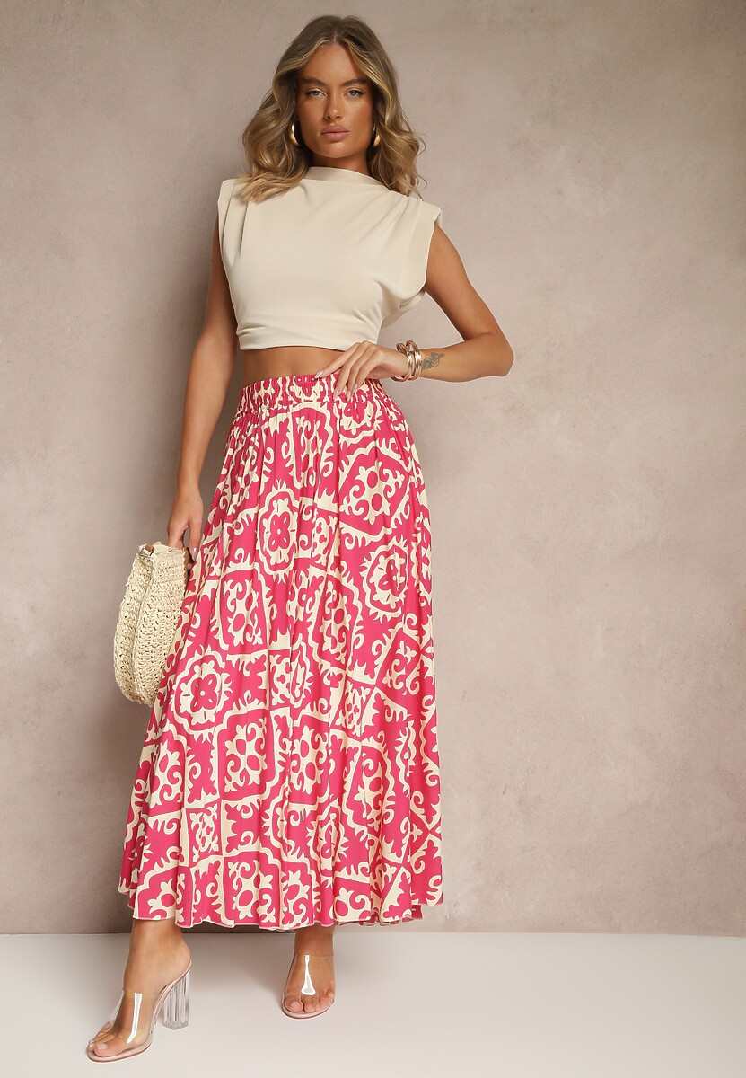 Fuksjowa Spódnica z Wiskozy z Geometrycznym Motywem Axeria
