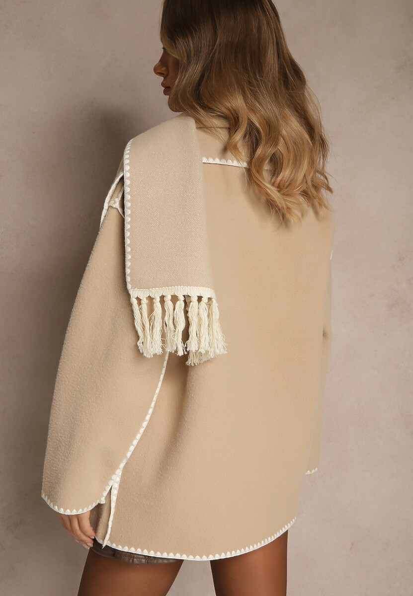 Beżowa Kurtka Oversize z Szalikiem i Ozdobnymi Przeszyciami Claritila