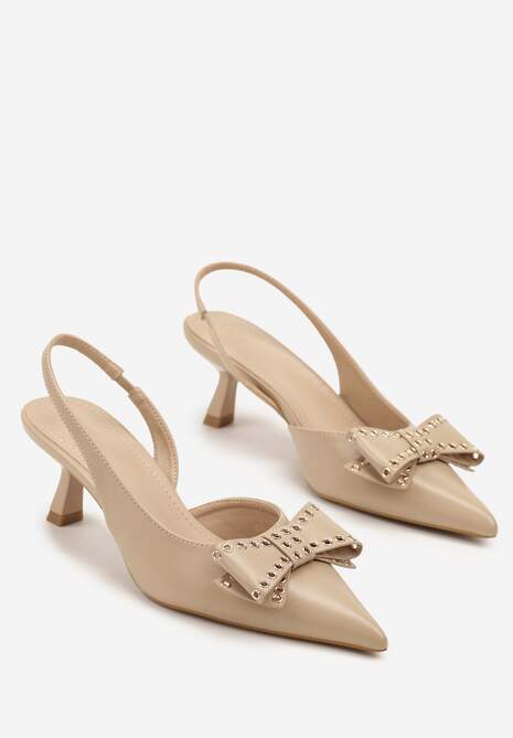 Ciemnobeżowe Czółenka Sandały Vices na Kaczuszce Slingback z Kokardą i Nitami Fennadia