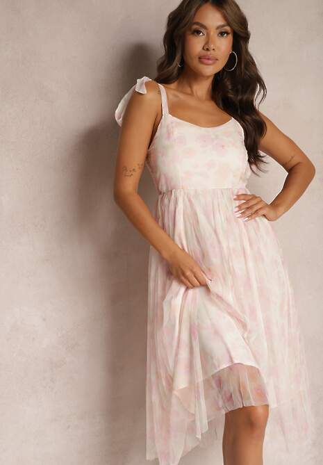 Różowa Taliowana Sukienka w Kwiaty Ozdobiona Ramiączkami z Wiązaniem Coradea