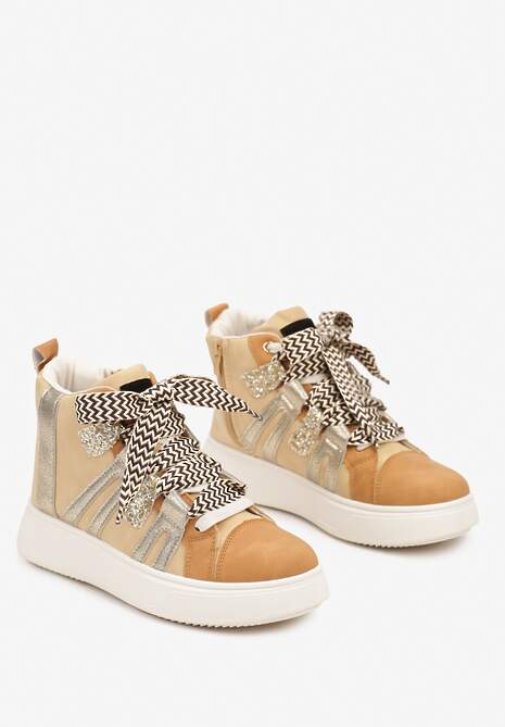 Ciemnobeżowe Streetwearowe Sneakersy na Grubej Podeszwie Ozdobione Kontrastowymi Wstawkami Kaittane