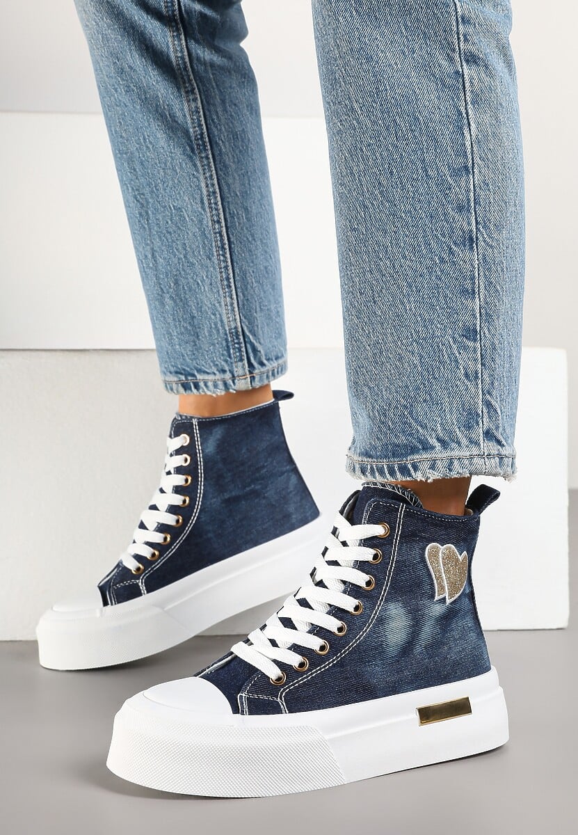 Granatowe Trampki na Platformie z Wysoką Cholewką z Haftem z Brokatem Elanitha