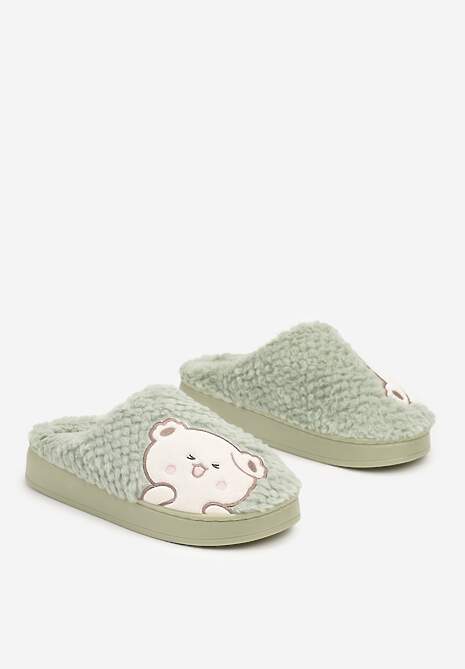 Zielone Kapcie na Platformie Ozdobione Haftowanym Motywem Laorisia