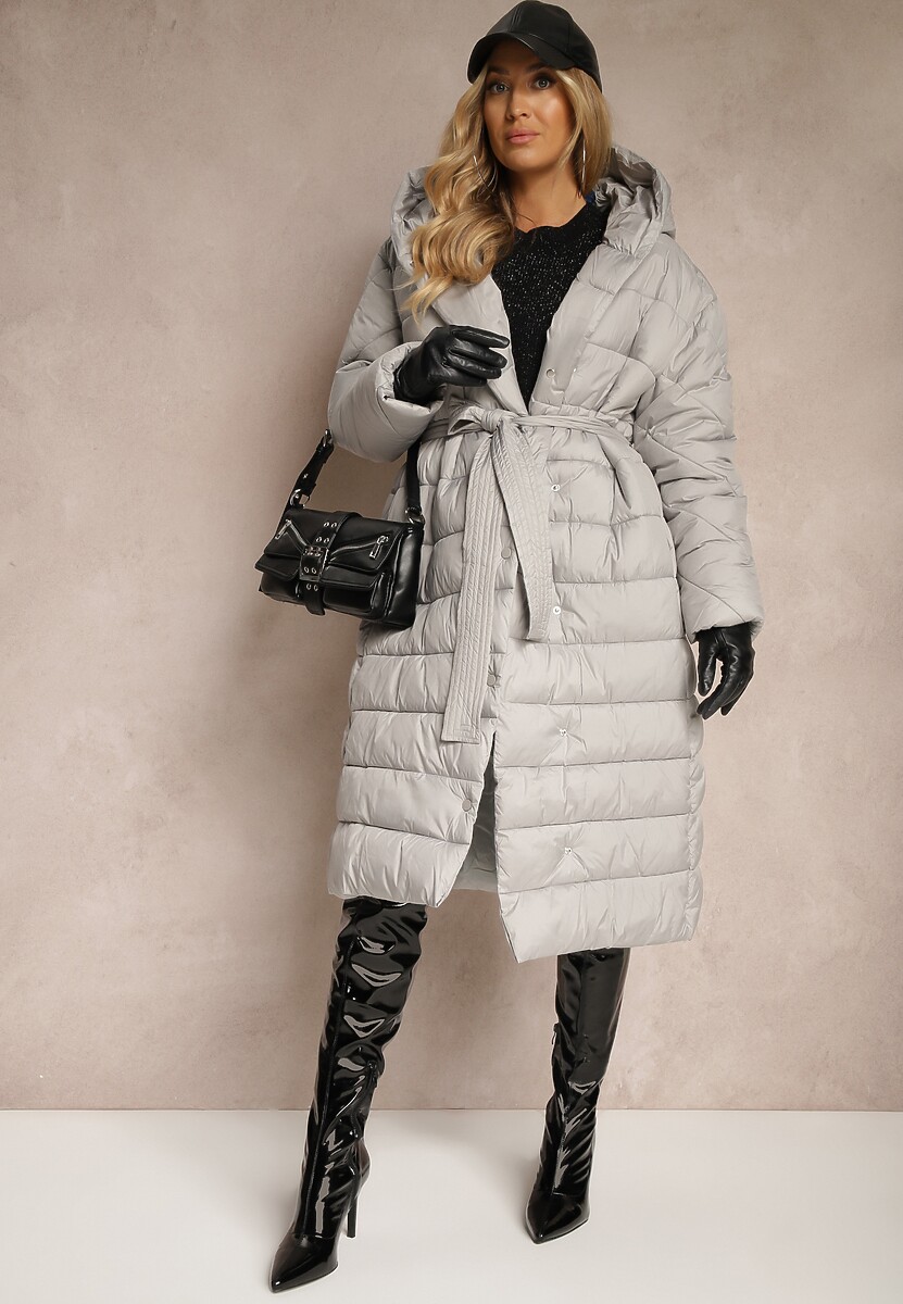 Szara Kurtka z Pikowanym Przeszyciem i Kapturem Zapinana na Napy i Wiązana w Talii Tiliola