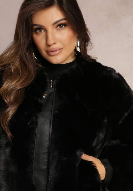 Czarna Futrzana Kurtka z Ozdobnym Paskiem Fitsum