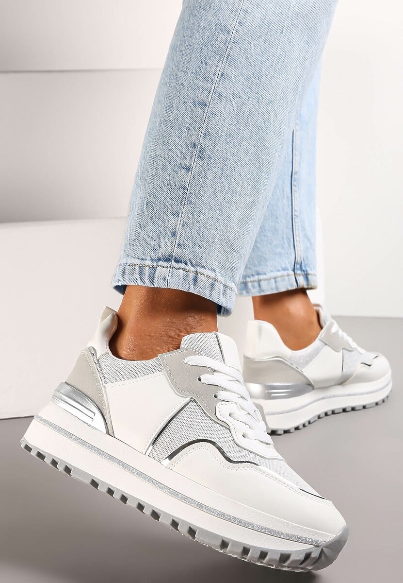 Beżowe Sneakersy z Cholewką przed Kostkę Ozdobione Brokatem Telse