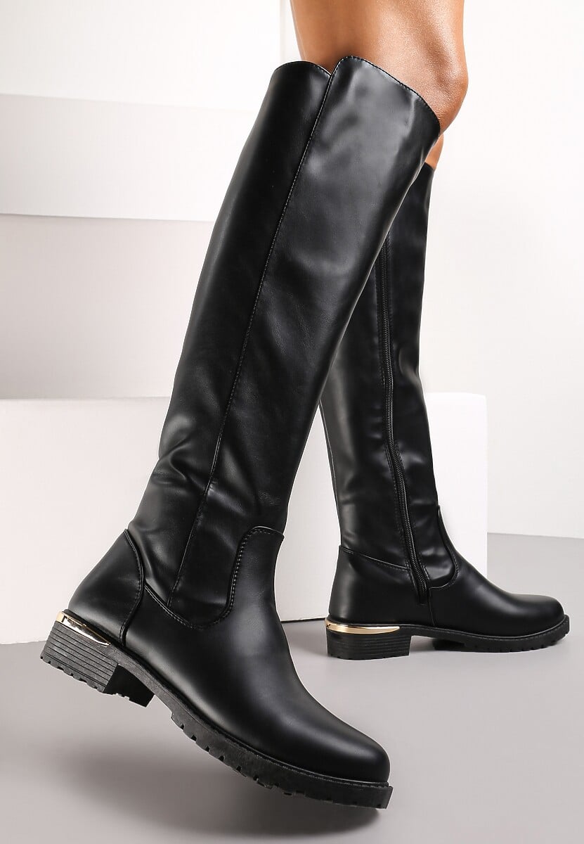 Czarne Kozaki Muszkieterki na Ozdobnym Kwadratowym Obcasie Lewan