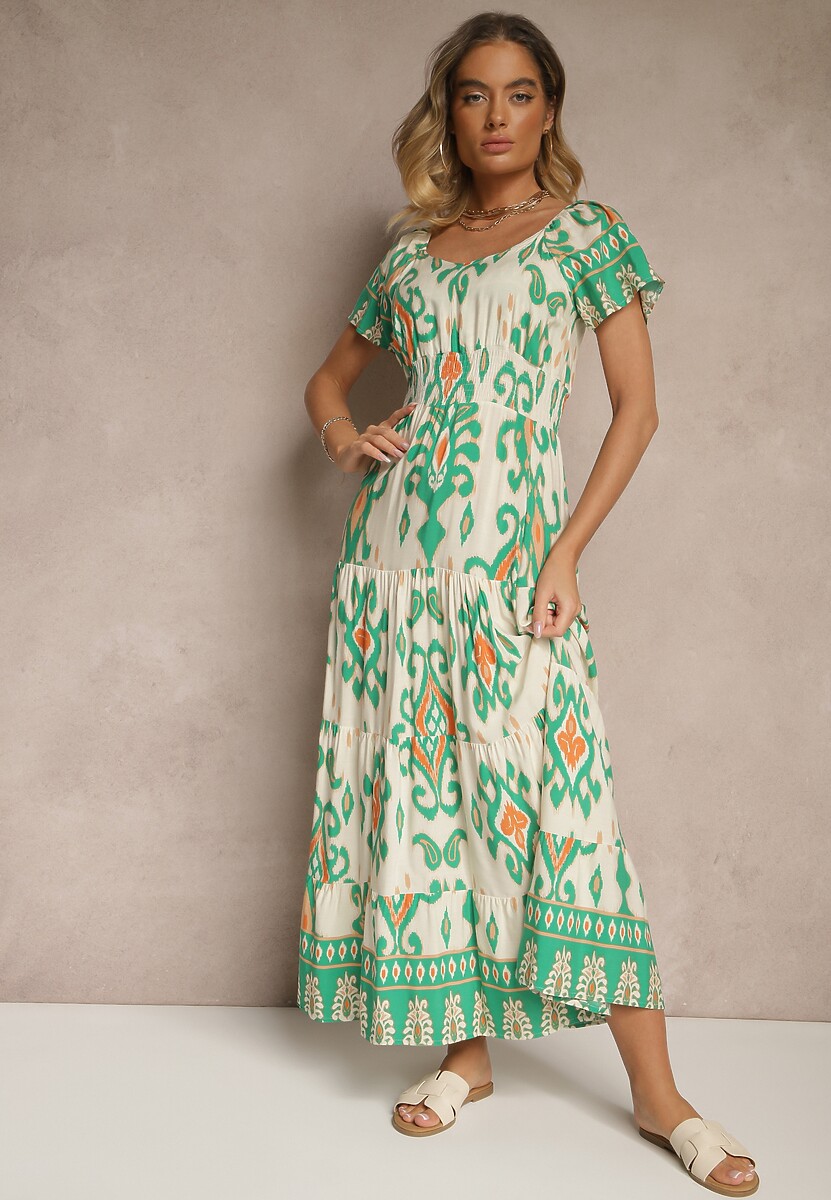 Zielona Sukienka z Wiskozy Ozdobiona Geometrycznym Motywem Clevessa