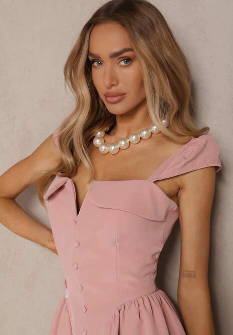 Ciemnoróżowa Sukienka o Rozkloszowanym Kroju na Ramiączkach z Ozdobnym Dekoltem Salaviel