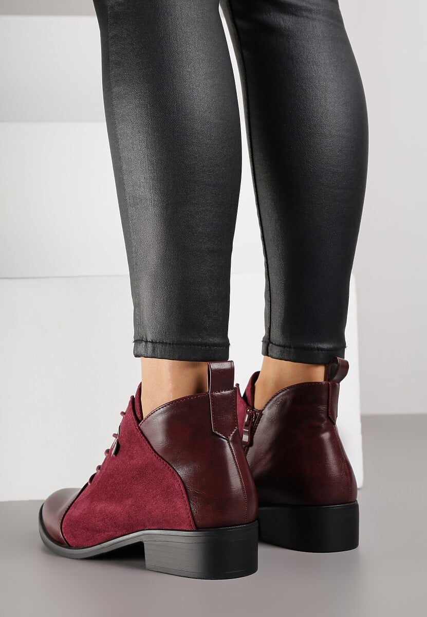 Bordowe Botki Vices ze Sznurowaną Cholewką i Wstawkami z Imitacji Zamszu Atavitte