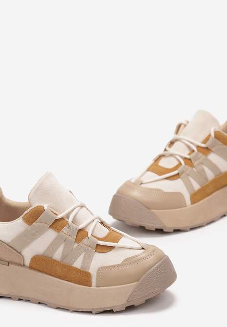 Ciemnobeżowe Sznurowane Płaskie Sneakersy z Kolorowymi Wstawkami z Ekoskóry Wonise