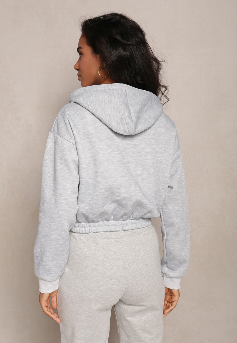 Jasnoszara Krótka Bluza z Kapturem Ściągaczami i Ozdobnym Nadrukiem Relis