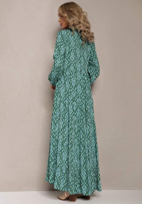 Zielona Sukienka Koszulowa w Ornamentalny Wzór Gongi