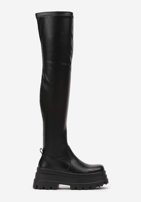 Czarne Dopasowane Kozaki za Kolano na Platformie w Stylu Grunge Irinalla