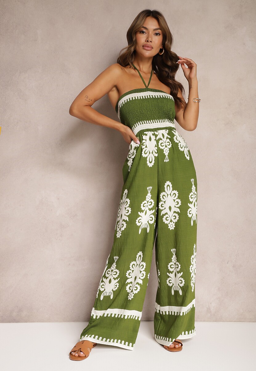 Zielony Taliowany Kombinezon z Wiskozy Ozdobiony Geometrycznym Motywem Perceria