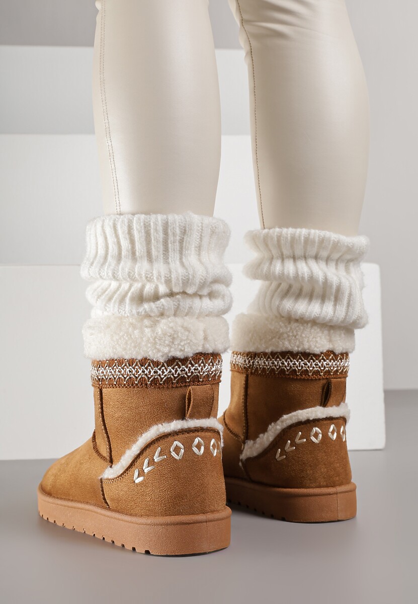 Brązowe Śniegowce o Wsuwanym Fasonie z Haftem i Futrem przy Cholewce Mevinadia