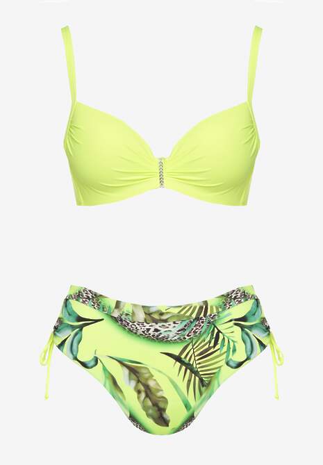 Jasnozielone Bikini z Motywem Roślinnym Biustonosz i Majtki Figi ze Ściągaczami Sadorene