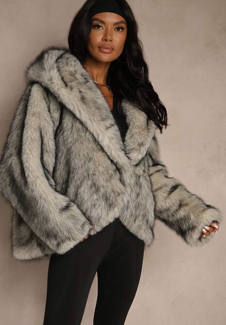 Szara Oversizowa Kurtka Futerko z Kapturem Venelle