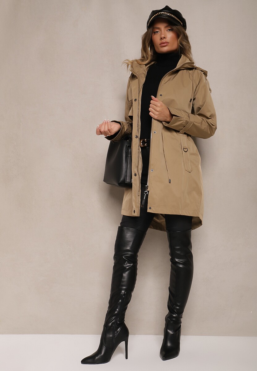 Ciemnobeżowy Płaszcz Kurtka Parka  z Kapturem i Ściągaczem w Talii Verfia