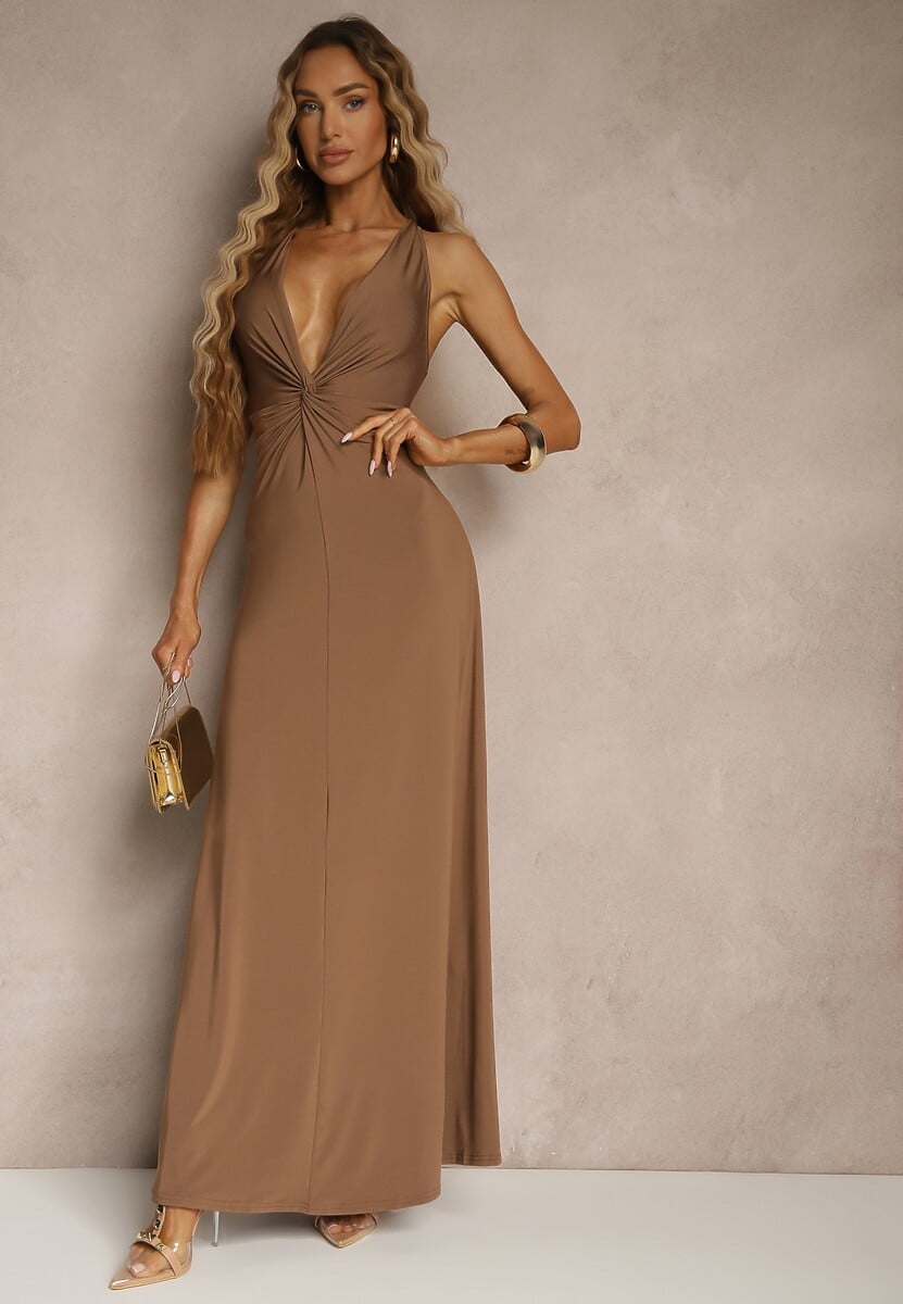 Brązowa Marszczona Sukienka z Wiskozą o Rozkloszowanym Fasonie Bez Rękawów Folonea