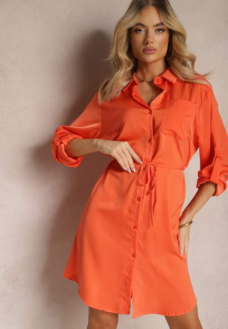 Pomarańczowa Satynowa Sukienka Mini Koszulowa z Materiałowym Paskiem Gwineres