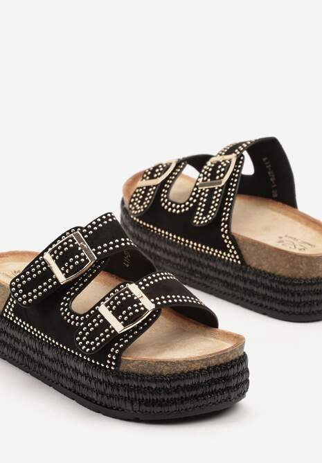 Czarne Klapki z Regulowanymi Paskami na Grubej Podeszwie z Plecionką Udiriva