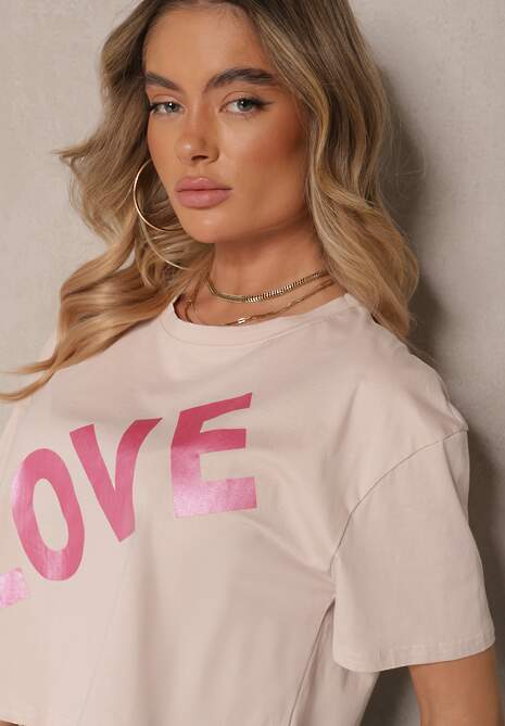 Ciemnobeżowy Krótki T-shirt Oversize z Bawełny z Ozdobnym Napisem Sanillva