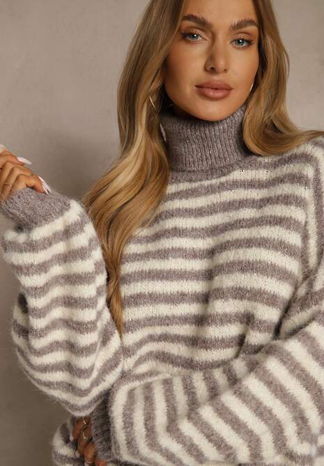 Szaro-Beżowy Golf z Dodatkiem Wełny Ozdobiony Paskami Monarria