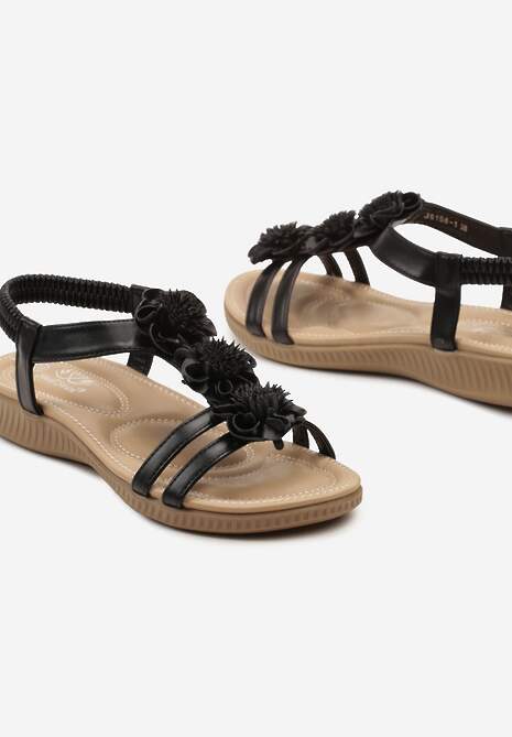 Czarne Wsuwane Sandały na Płaskiej Podeszwie z Ozdobnym Kwiatem Fietara