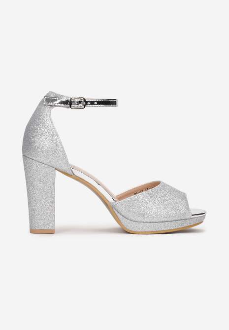 Srebrne Sandały na Słupkowym Obcasie z Brokatem Sconis
