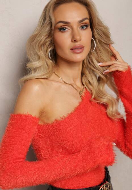 Czerwony Sweter na Jedno Ramię Pholy